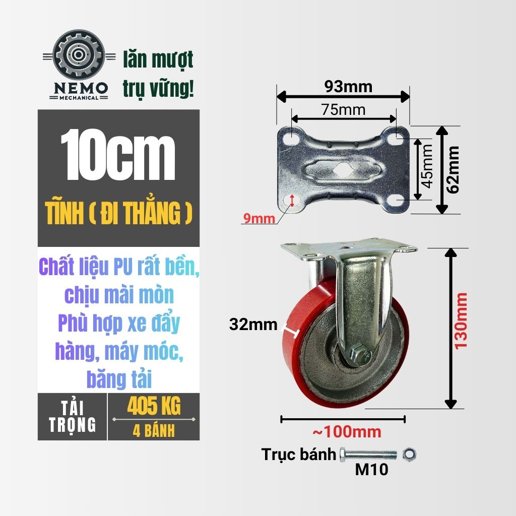 Bánh Xe PU Cốt Sắt Tải Trung – Siêu Bền, Kháng Dầu Mỡ (D75, D100, D125)
